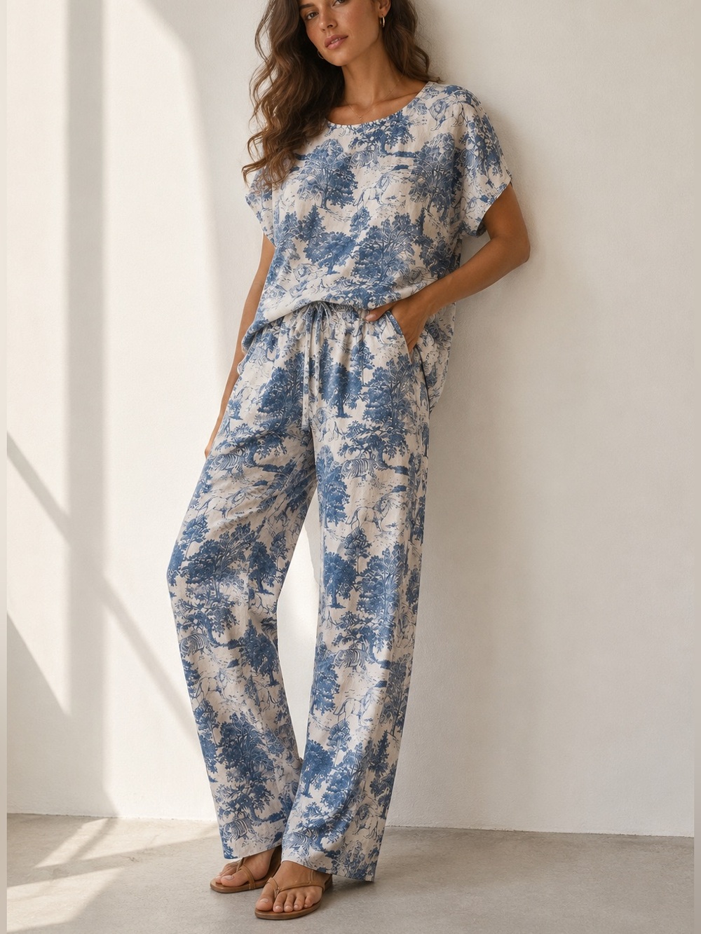 100% LINEN Toile Safari Print Top + Pants SET | Size S | NWOT | Made in Italy